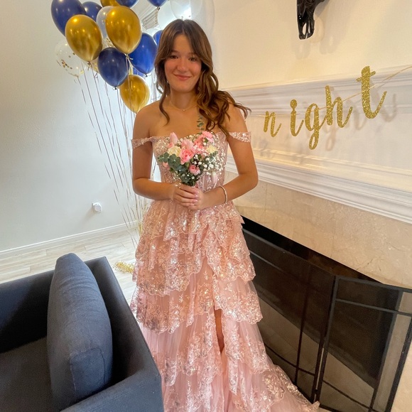 Sherri Hill Blush Pink Lace Off-Shoulder A-Line Tulle Sequin Prom Gown - Picture 2 of 8